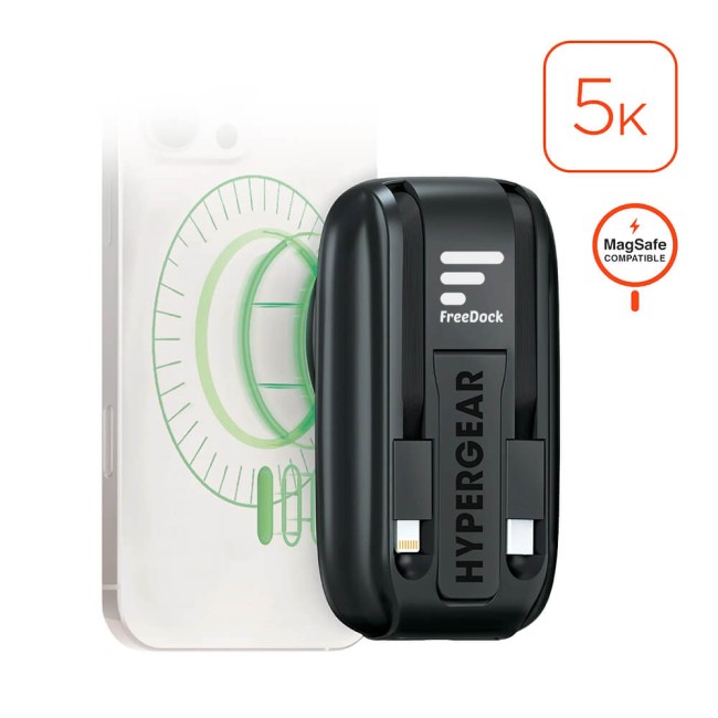 Hypergear 5,000mAh Mag Grip Go Magnetic Wireless Fast Charge Power Bank with Built-In Cables