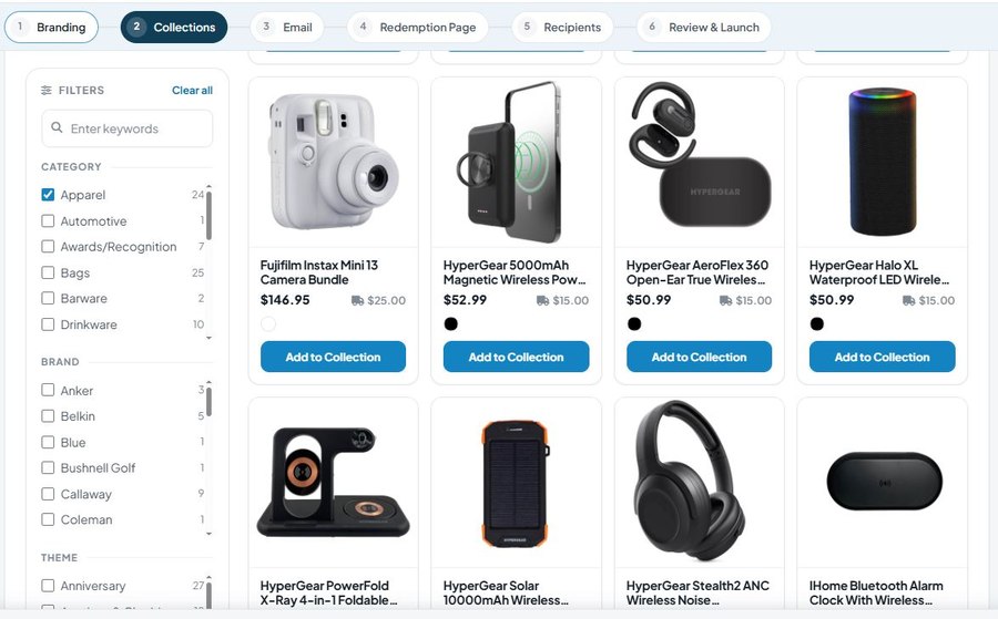 Gratigy product catalog with filters, pricing, and add-to-collection buttons